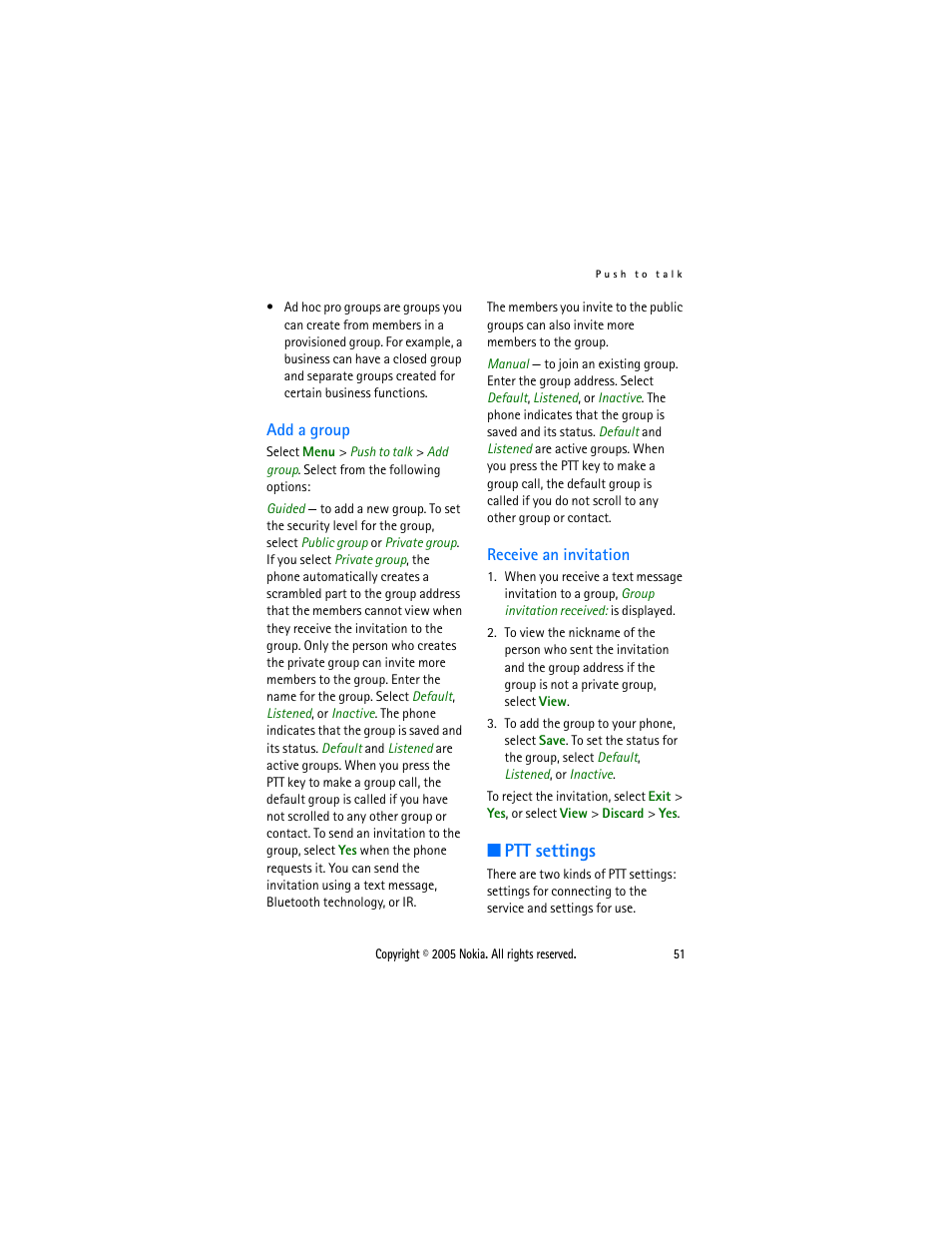Add a group, Receive an invitation, Ptt settings | Add a group receive an invitation | Sonic Alert Nokia phone 6021 User Manual | Page 64 / 99
