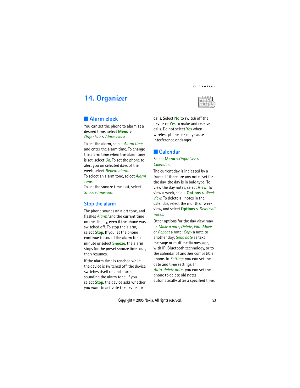 Organizer, Alarm clock, Stop the alarm | Calendar | Sonic Alert Nokia phone 6021 User Manual | Page 66 / 99