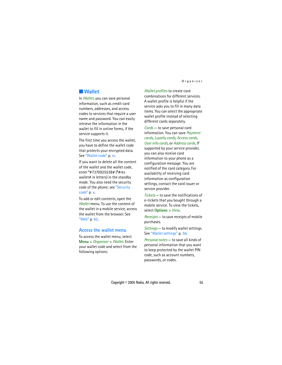 Wallet, Access the wallet menu | Sonic Alert Nokia phone 6021 User Manual | Page 68 / 99