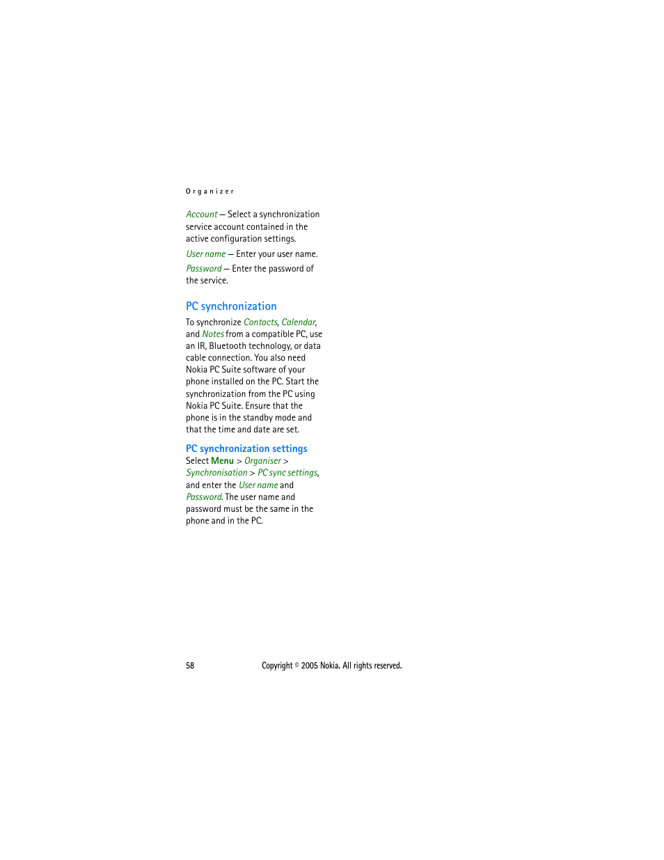 Pc synchronization | Sonic Alert Nokia phone 6021 User Manual | Page 71 / 99