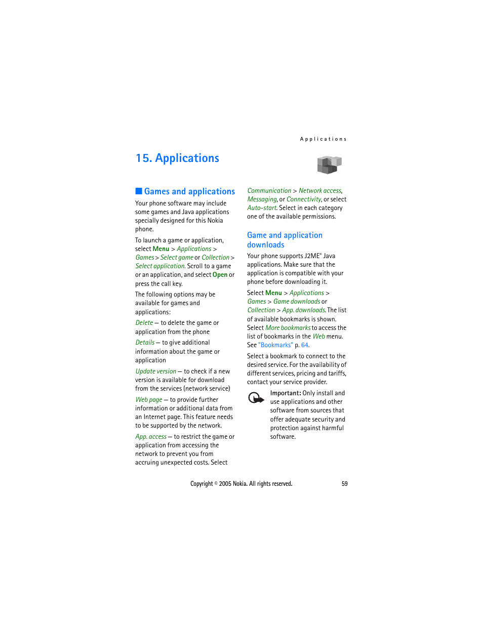 Applications, Games and applications, Game and application downloads | Sonic Alert Nokia phone 6021 User Manual | Page 72 / 99