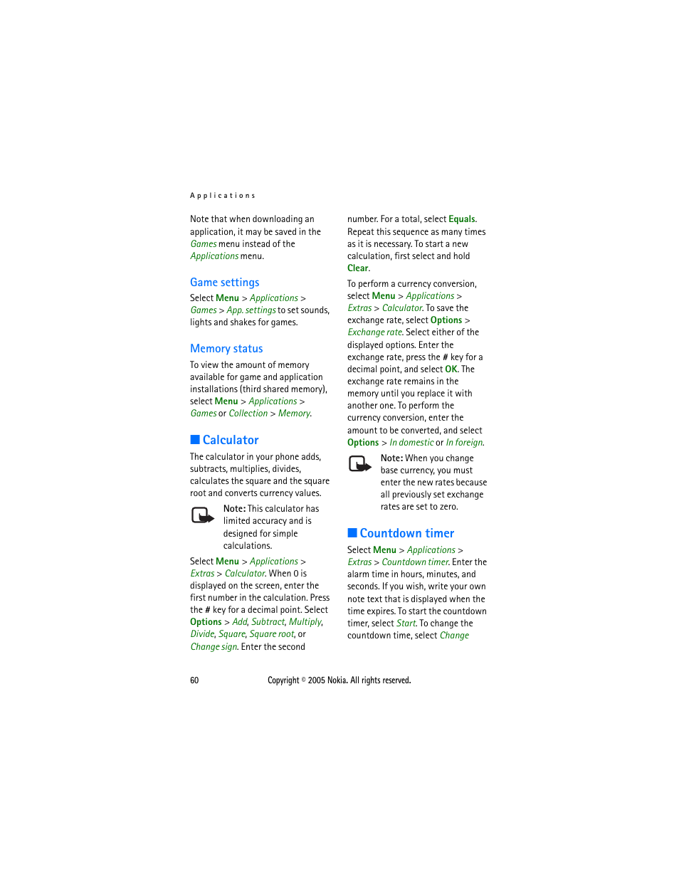 Game settings, Memory status, Calculator | Countdown timer, Game settings memory status, Calculator countdown timer | Sonic Alert Nokia phone 6021 User Manual | Page 73 / 99