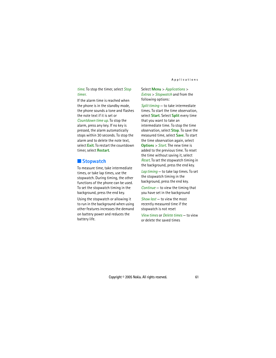 Stopwatch | Sonic Alert Nokia phone 6021 User Manual | Page 74 / 99