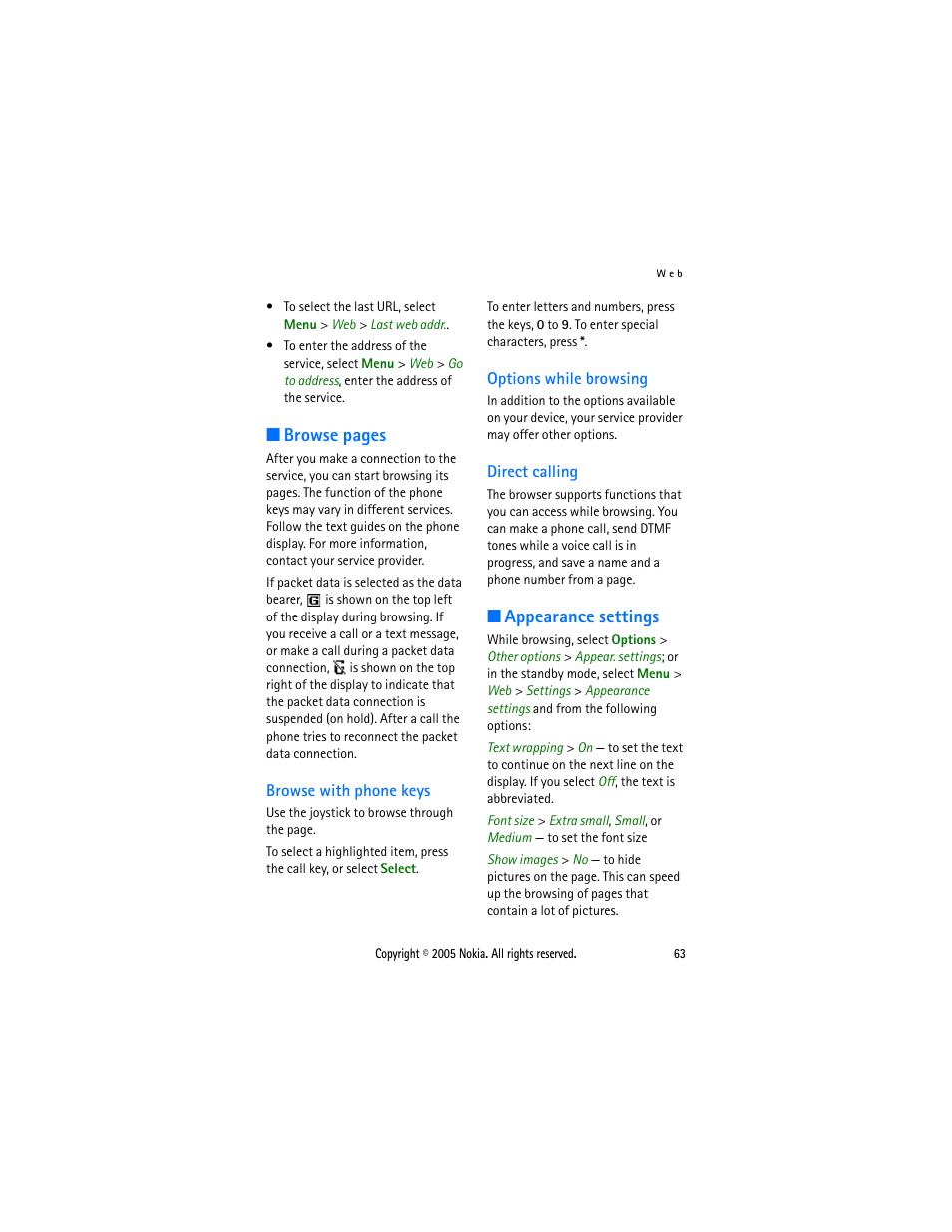 Browse with phone keys, Options while browsing, Direct calling | Appearance settings, Browse, Browse pages | Sonic Alert Nokia phone 6021 User Manual | Page 76 / 99
