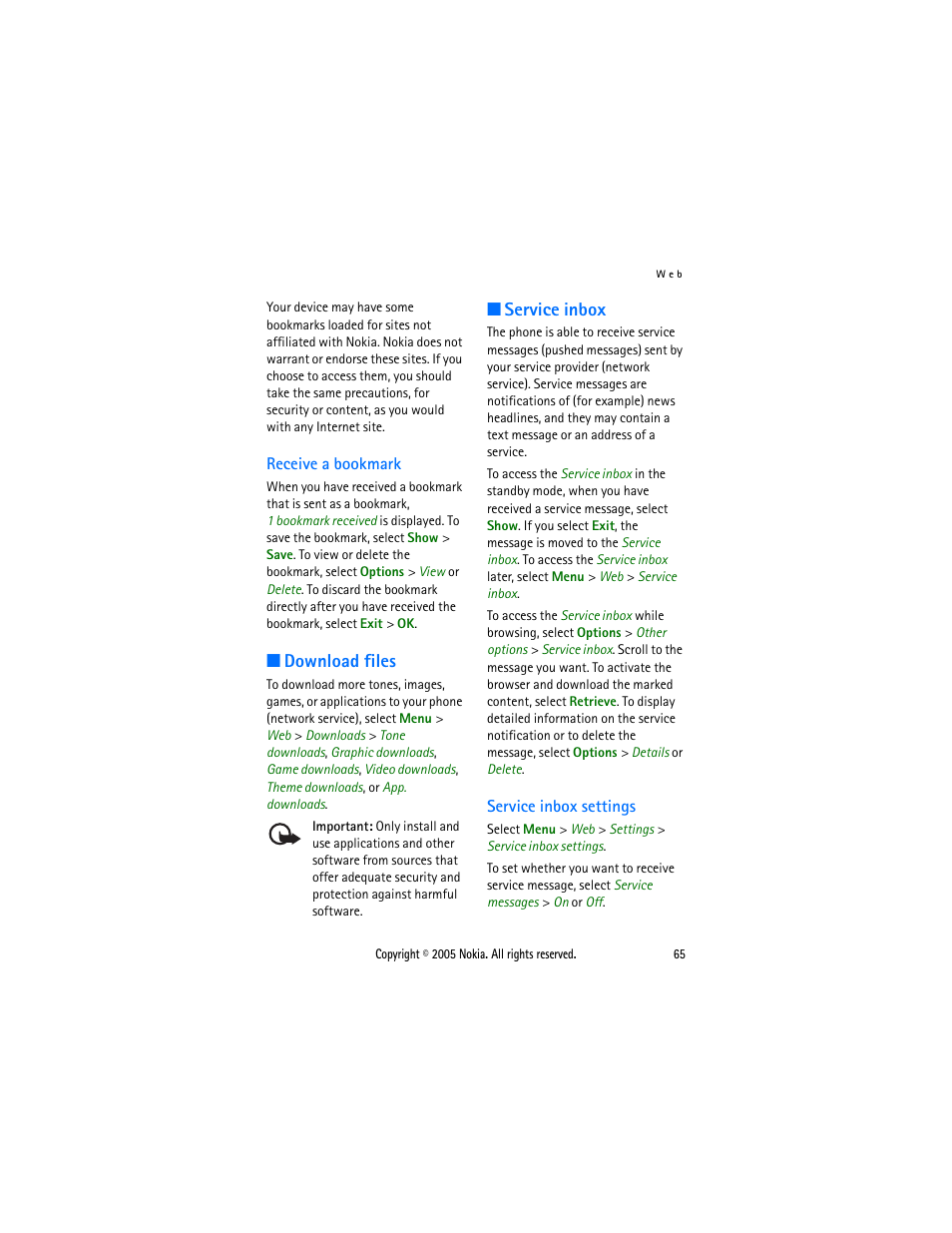 Receive a bookmark, Download files, Service inbox | Service inbox settings, Download files service inbox | Sonic Alert Nokia phone 6021 User Manual | Page 78 / 99