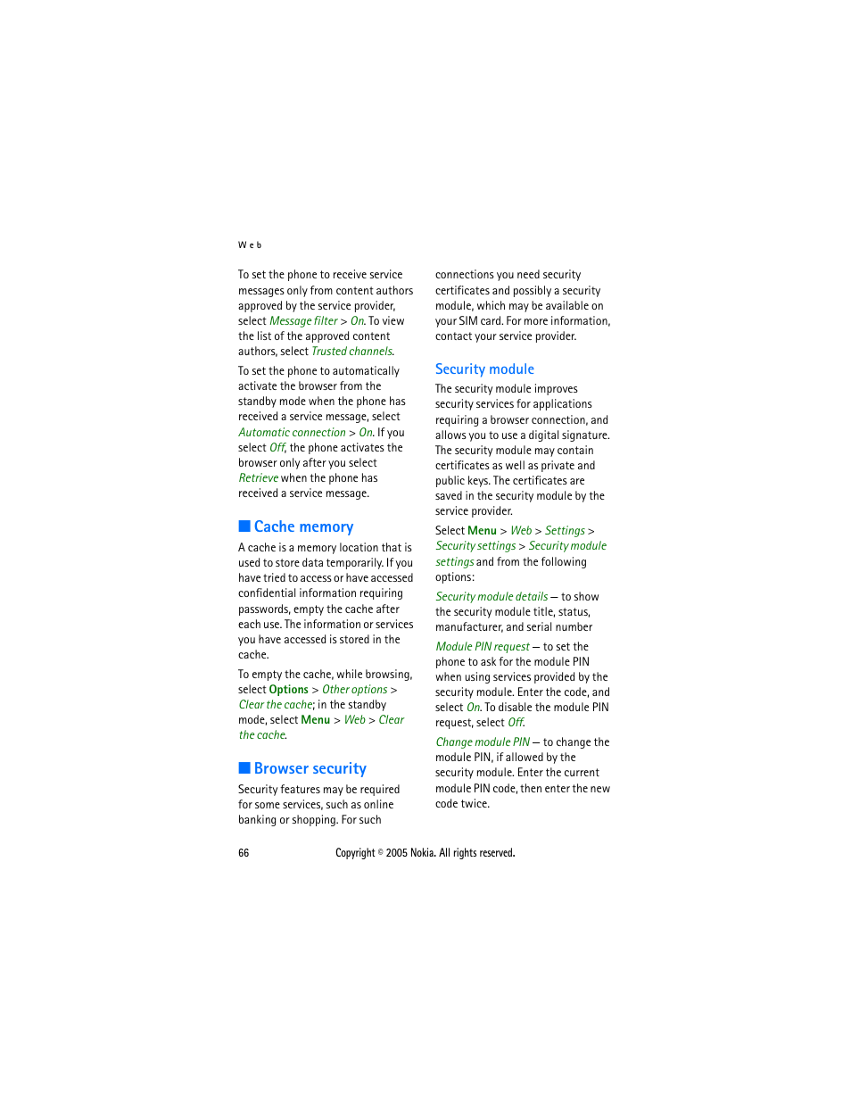 Cache memory, Browser security, Security module | Cache memory browser security, Module. see, Empty the cache, see, Cache, Memory | Sonic Alert Nokia phone 6021 User Manual | Page 79 / 99