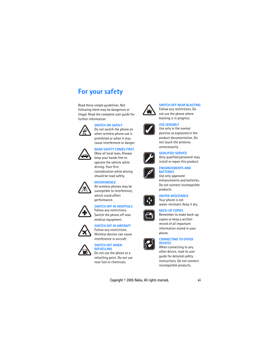 For your safety, For your safety ............................vii | Sonic Alert Nokia phone 6021 User Manual | Page 8 / 99