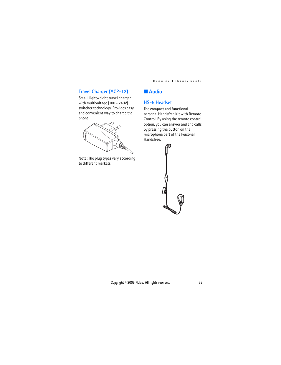 Travel charger (acp-12), Audio, Hs-5 headset | Sonic Alert Nokia phone 6021 User Manual | Page 88 / 99