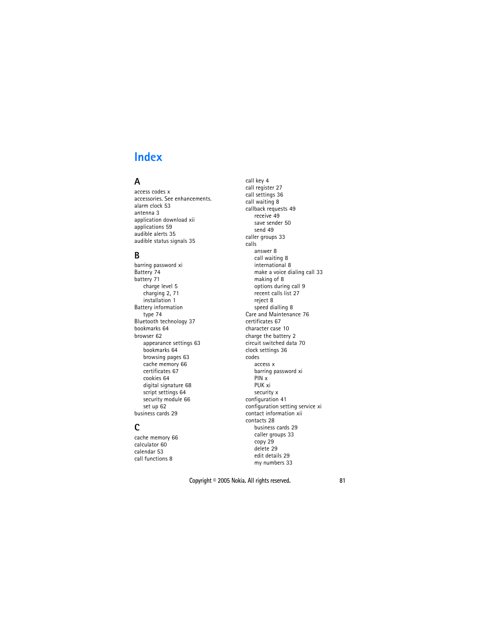 Index | Sonic Alert Nokia phone 6021 User Manual | Page 94 / 99