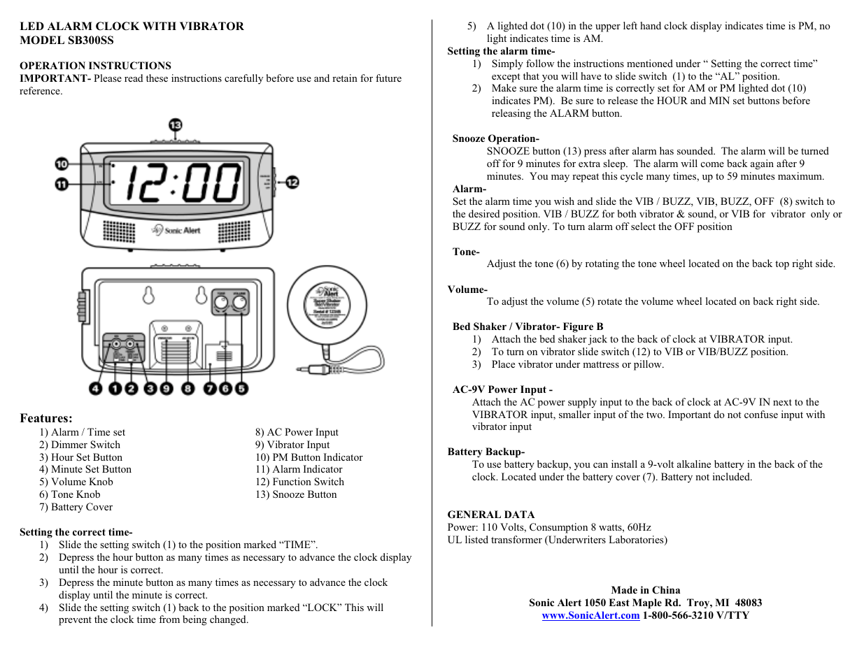 Sonic Alert SONIC BOOM ALARM CLOCK SB300SS User Manual | Page 2 / 2