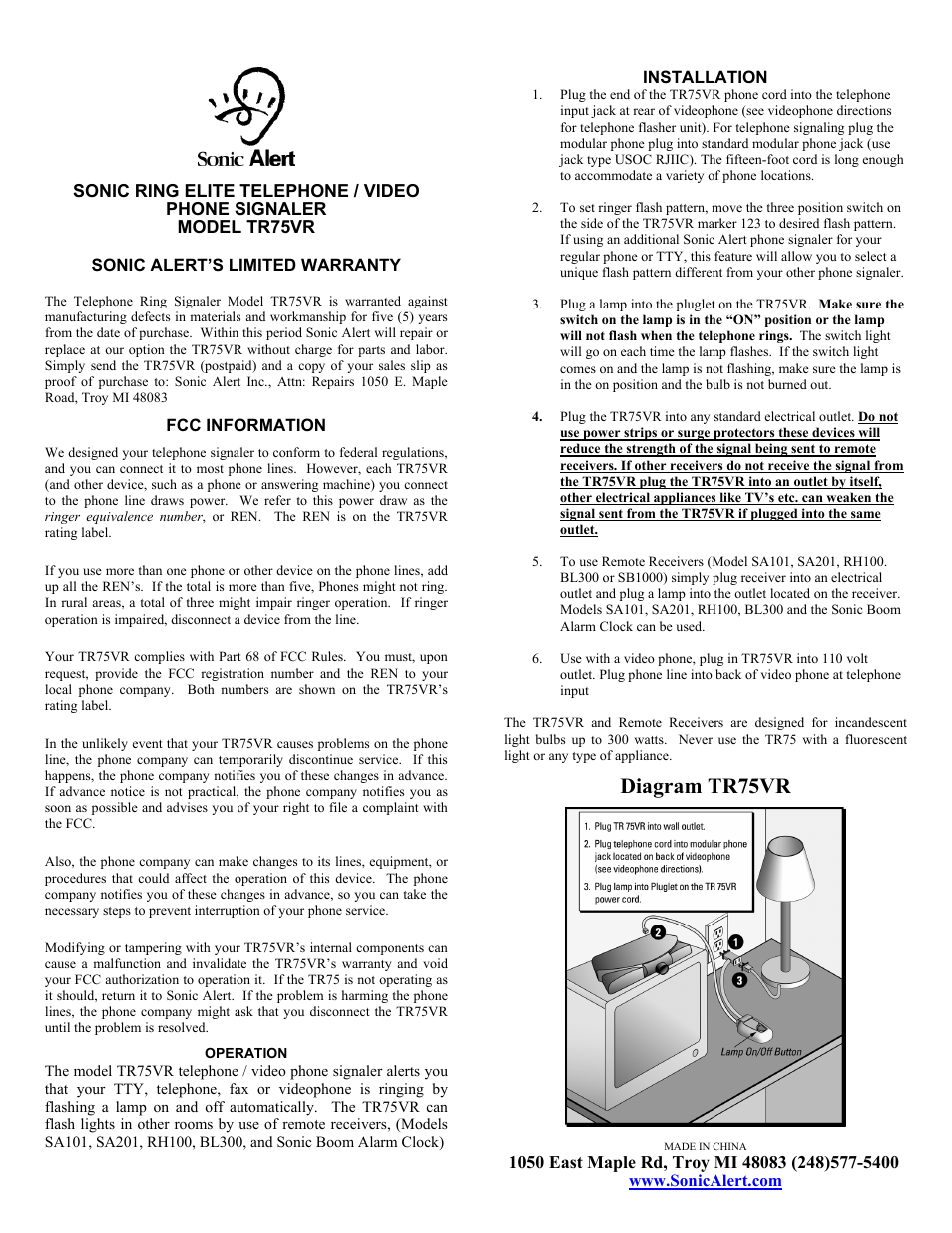 Sonic Alert TR75VR User Manual | 1 page