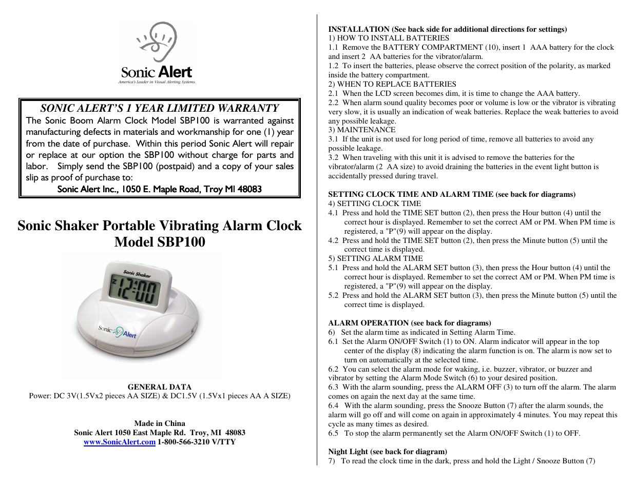 Sonic Alert SONIC SHAKER SBP100 User Manual | 2 pages