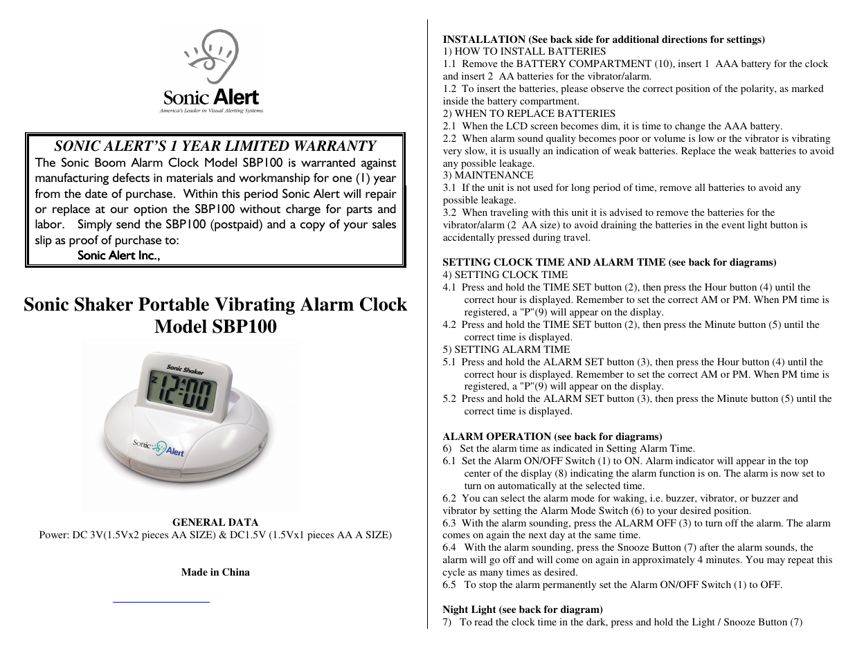 Sonic Alert SBP100 User Manual | 2 pages