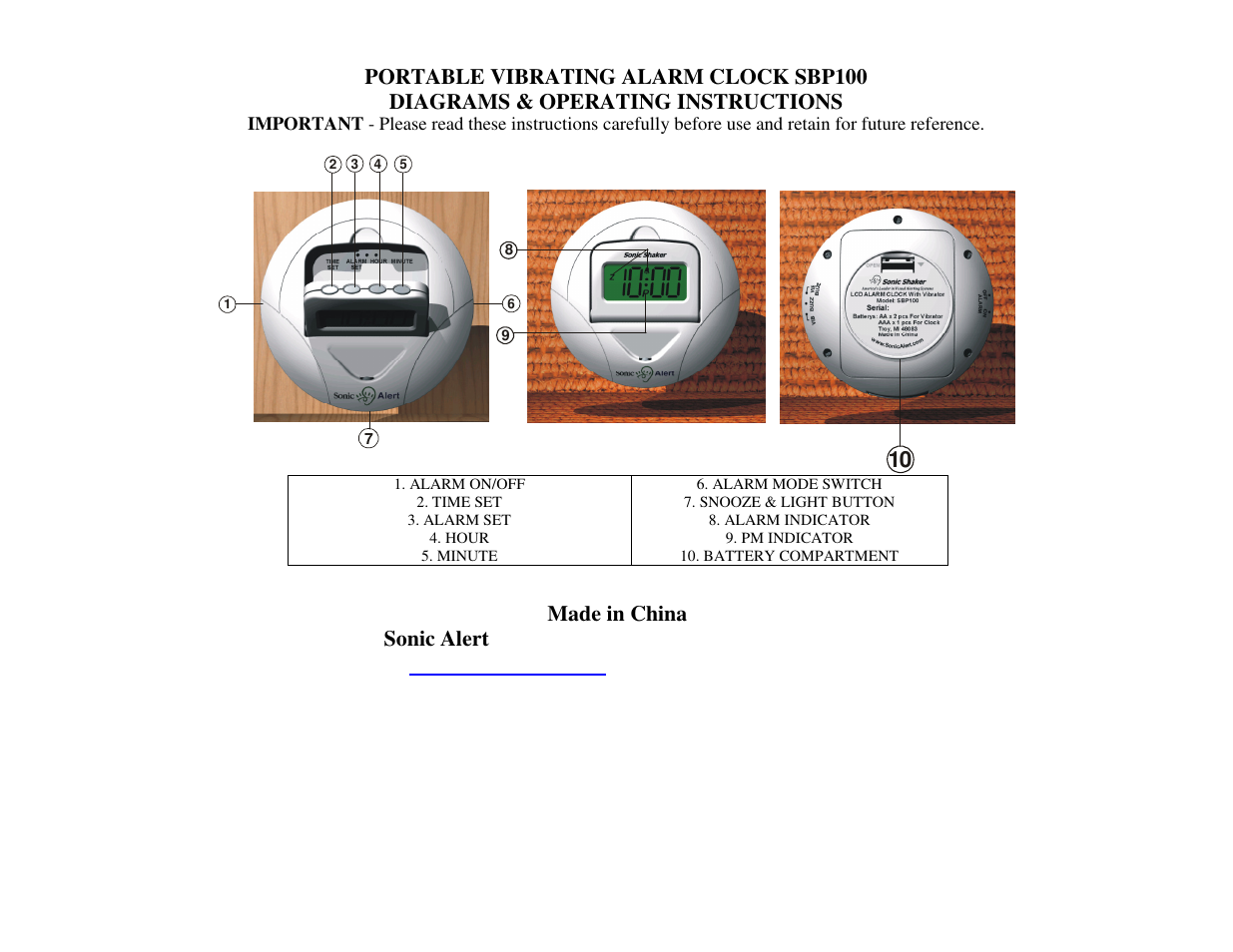 Made in china sonic alert | Sonic Alert SBP100 User Manual | Page 2 / 2