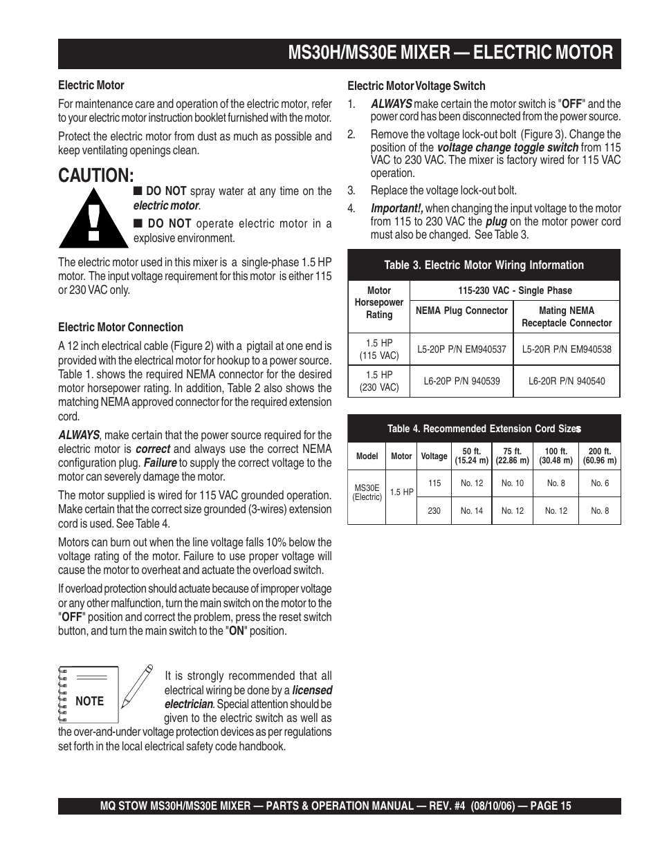 Ms30h/ms30e mixer — electric motor, Caution, Always | Correct, Failure, Electric motor, Licensed electrician, Voltage change toggle switch, Important, Plug | Multiquip MS30H User Manual | Page 15 / 88