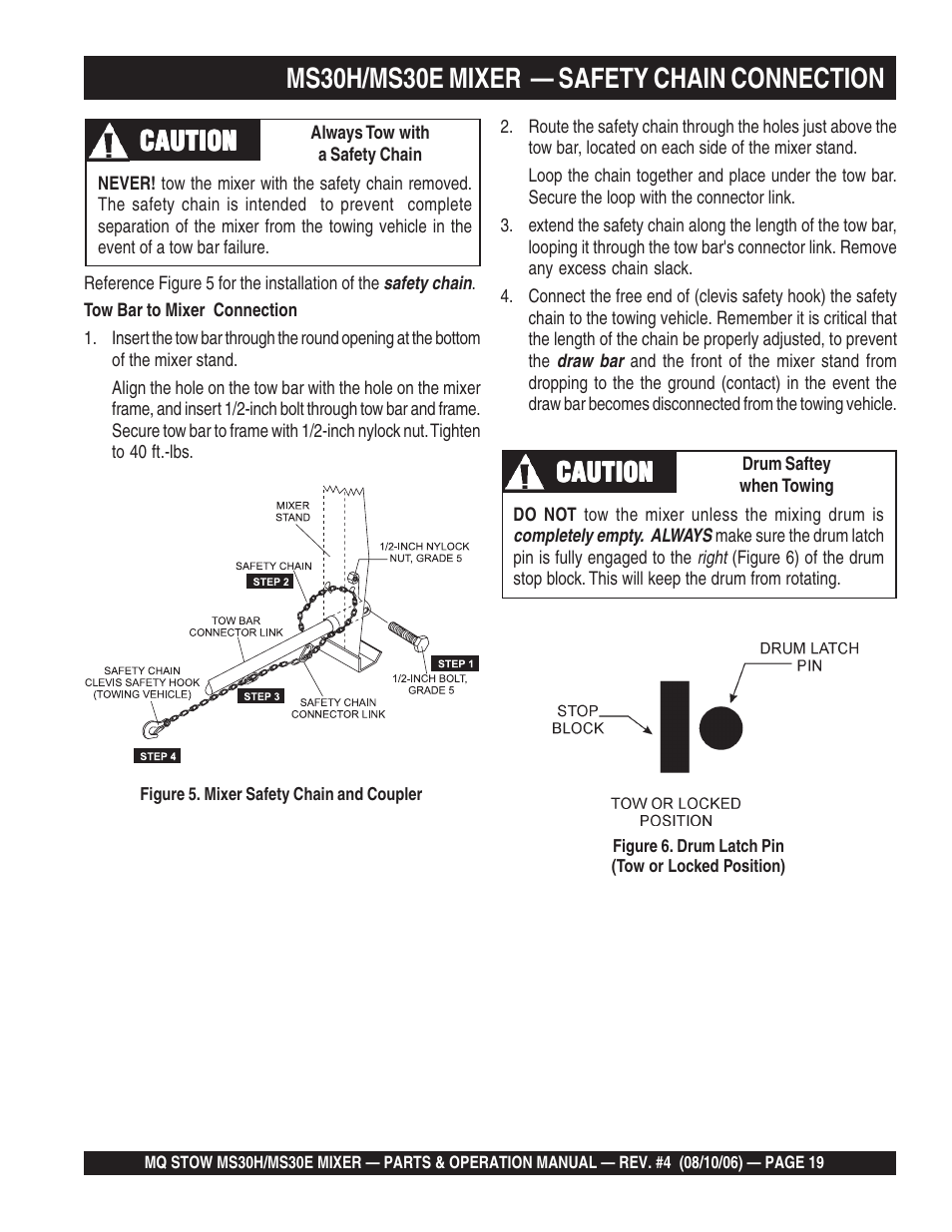Ms30h/ms30e mixer — safety chain connection, Caution | Multiquip MS30H User Manual | Page 19 / 88