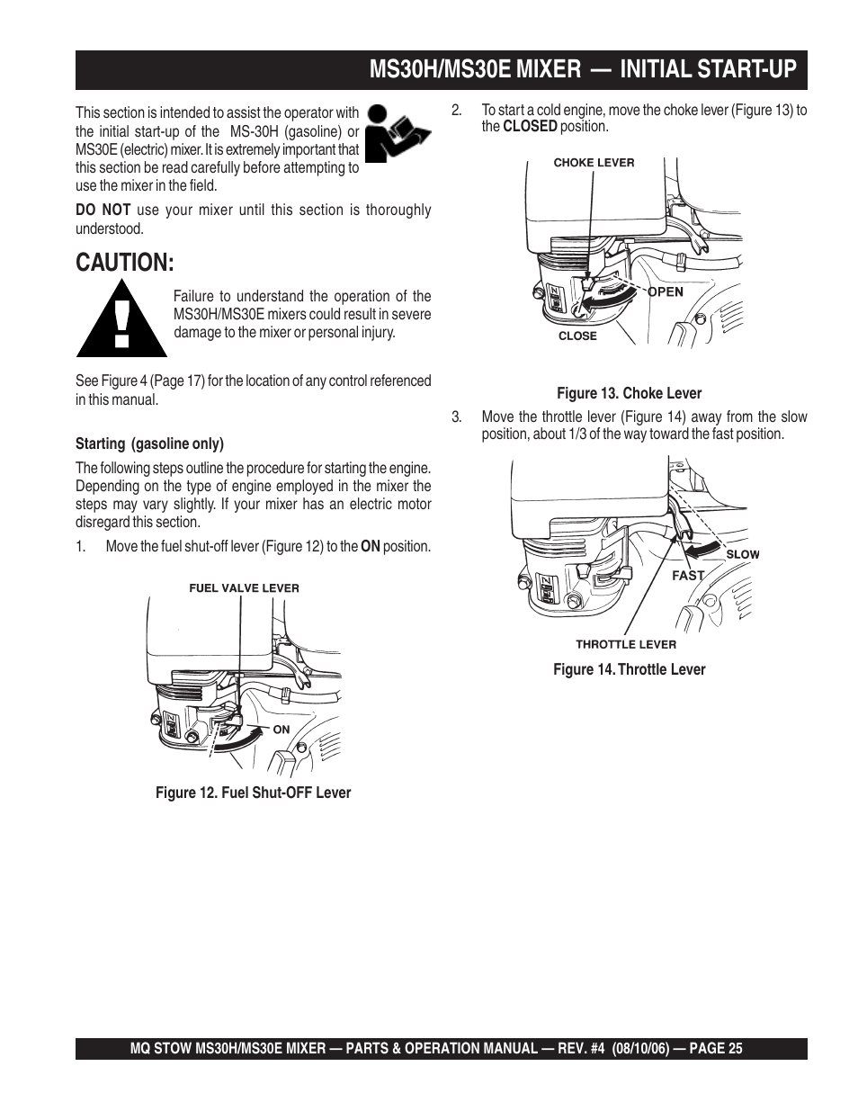 Caution, Ms30h/ms30e mixer — initial start-up | Multiquip MS30H User Manual | Page 25 / 88