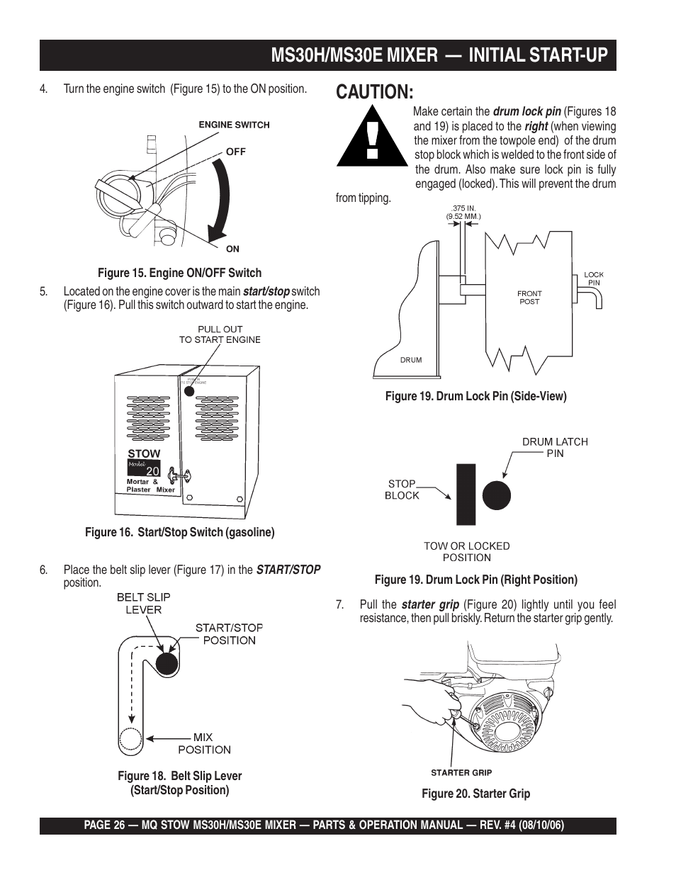 Ms30h/ms30e mixer — initial start-up, Caution | Multiquip MS30H User Manual | Page 26 / 88