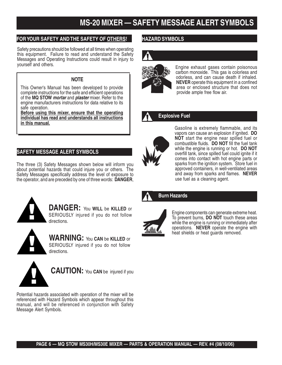 Danger, Warning, Caution | Ms-20 mixer — safety message alert symbols | Multiquip MS30H User Manual | Page 6 / 88