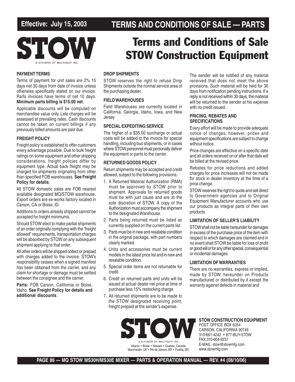 Terms and conditions of sale — parts | Multiquip MS30H User Manual | Page 86 / 88