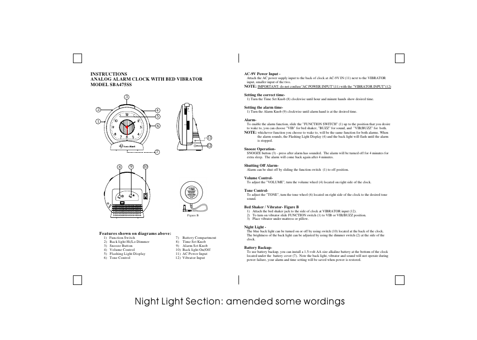 Vol vib ac 9v, High l o off | Sonic Alert SBA475SS User Manual | Page 2 / 2