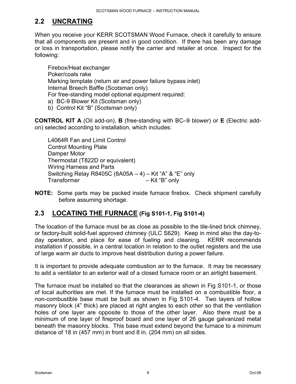 2 uncrating, 3 locating the furnace | Scotsman Ice DB-101 User Manual | Page 10 / 34