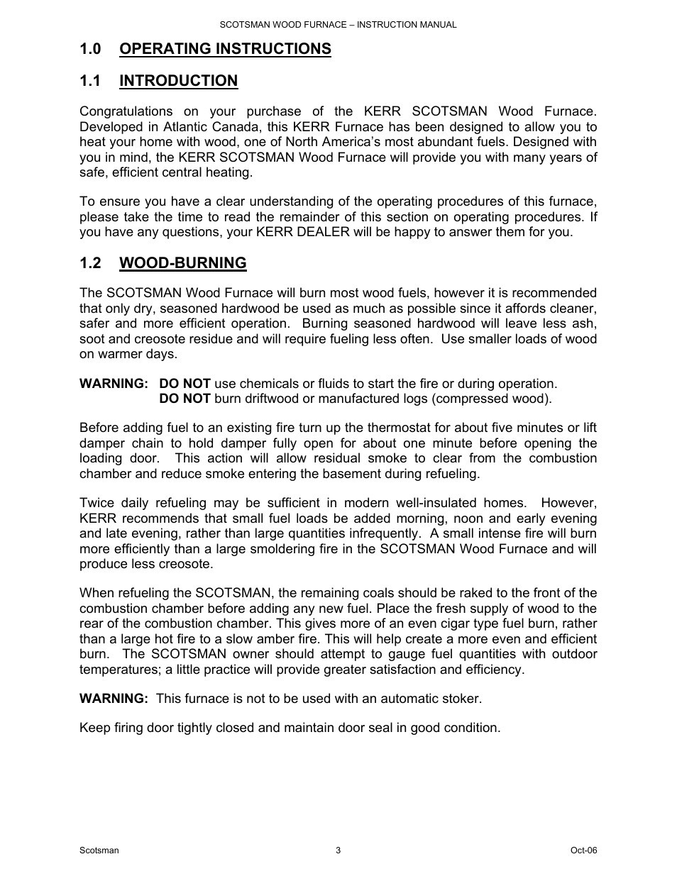 0 operating instructions, 1 introduction, 2 wood-burning | Scotsman Ice DB-101 User Manual | Page 4 / 34