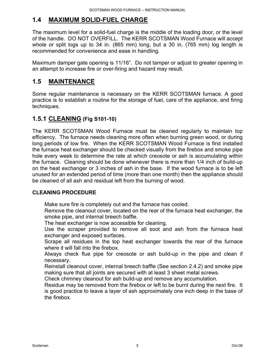 4 maximum solid-fuel charge, 5 maintenance, 1 cleaning | Scotsman Ice DB-101 User Manual | Page 6 / 34