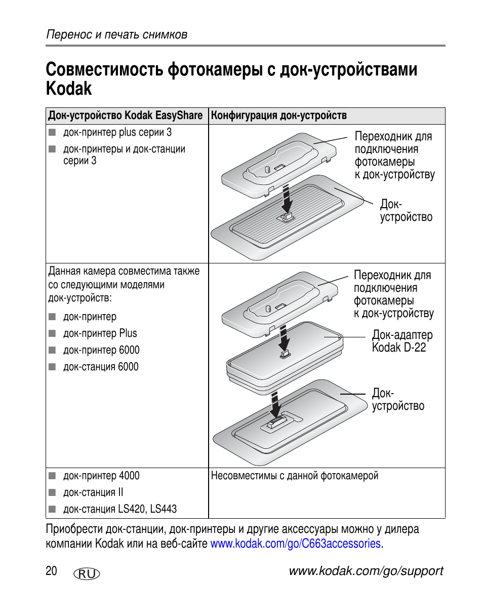 Совместимость фотокамеры с док-устройствами kodak, Kodak | Kodak C663 User Manual | Page 26 / 85