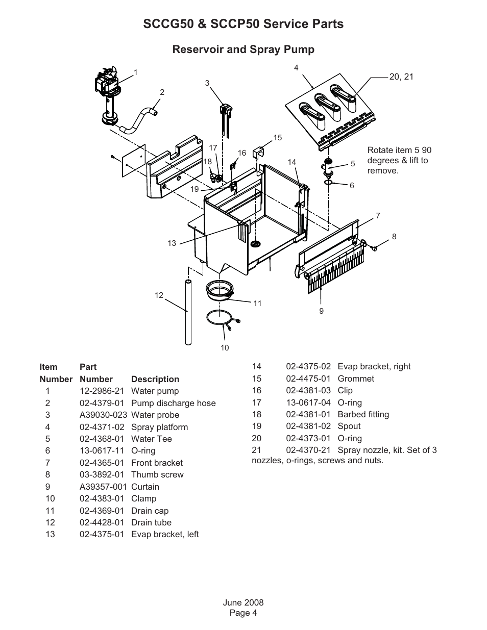 Sccg50 & sccp50 service parts, Reservoir and spray pump | Scotsman Ice Residential Ice Machines SCC50 User Manual | Page 4 / 9