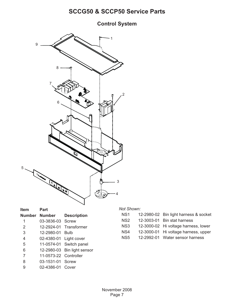 Sccg50 & sccp50 service parts, Control system | Scotsman Ice Residential Ice Machines SCC50 User Manual | Page 7 / 9