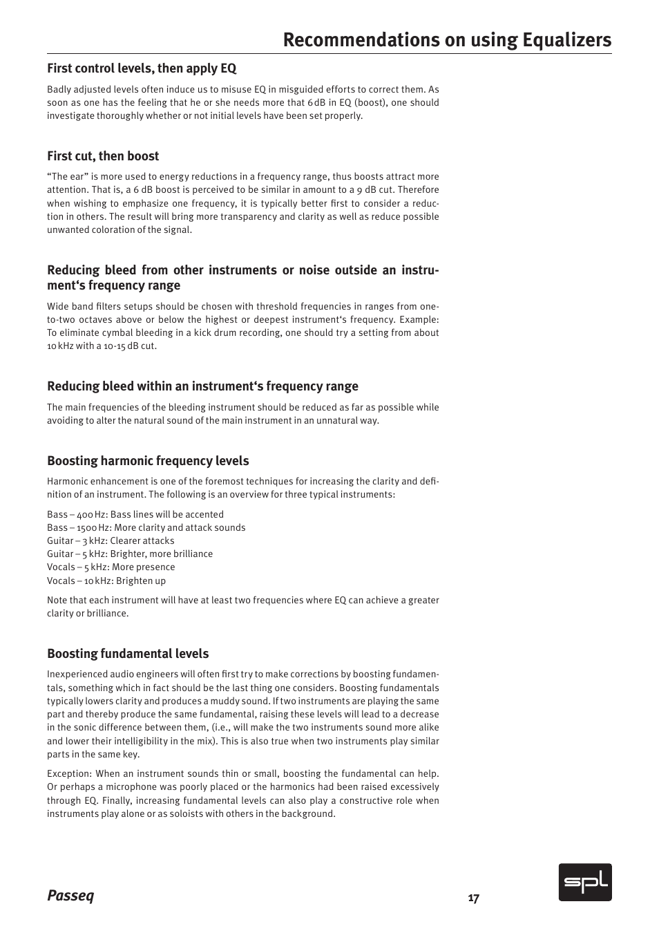 Recommendations on using equalizers, Passeq | Sound Performance Lab 2595 User Manual | Page 17 / 28