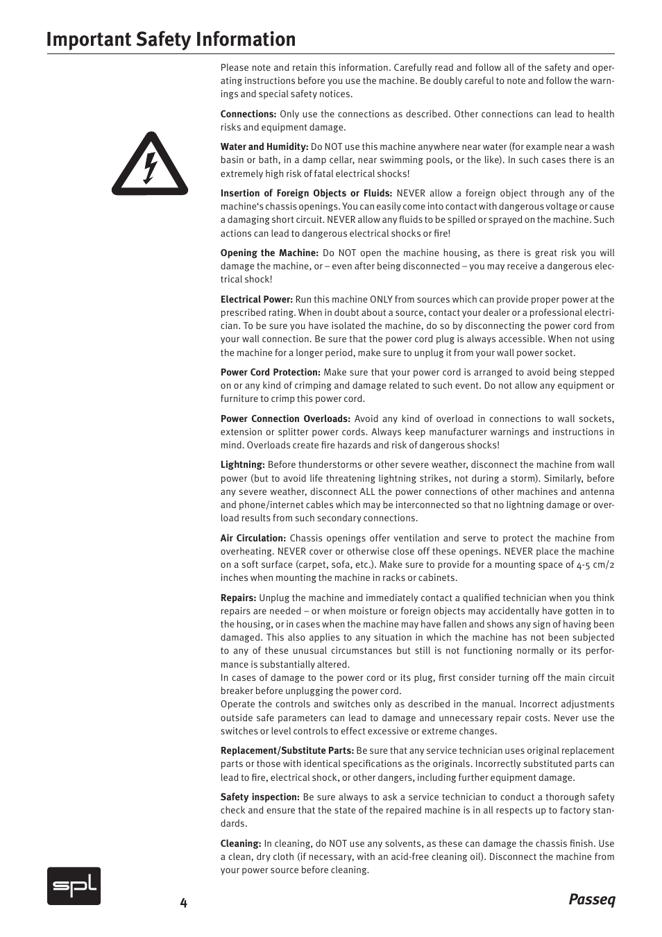 Important safety information, Passeq | Sound Performance Lab 2595 User Manual | Page 4 / 28