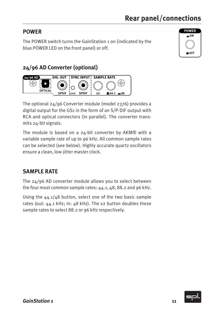 Rear panel/connections, Power, 24/96 ad converter (optional) | Sample rate, Gainstation 1 11 | Sound Performance Lab Gain Station 2272 User Manual | Page 11 / 34