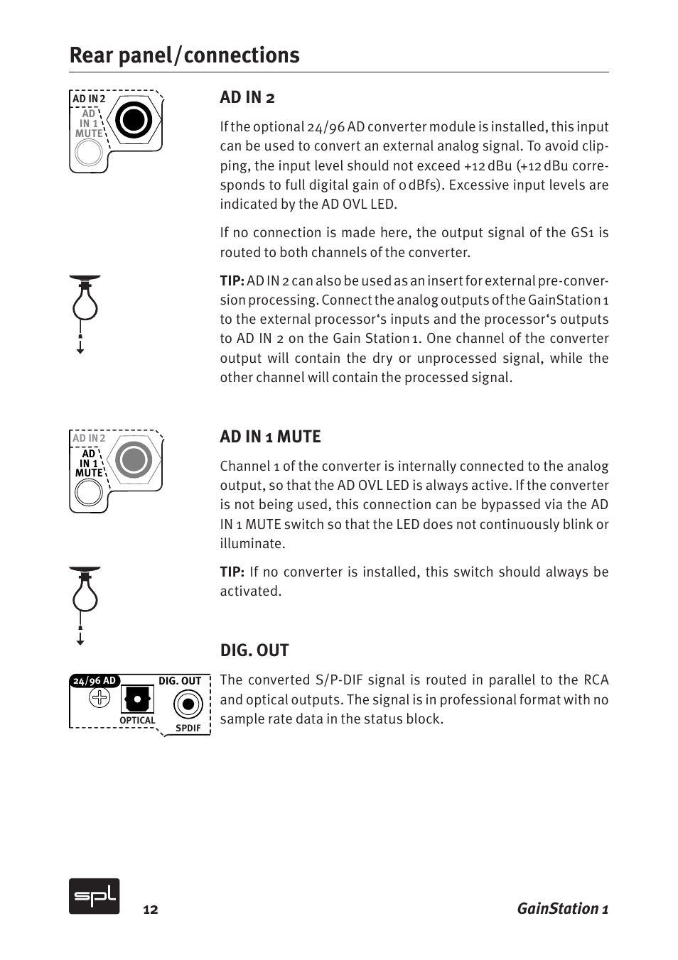 Rear panel/connections, Ad in 2, Ad in 1 mute | Dig. out, 12 gainstation 1 | Sound Performance Lab Gain Station 2272 User Manual | Page 12 / 34