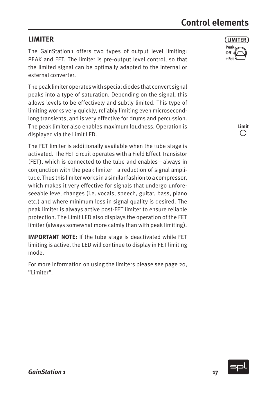 Control elements, Limiter | Sound Performance Lab Gain Station 2272 User Manual | Page 17 / 34