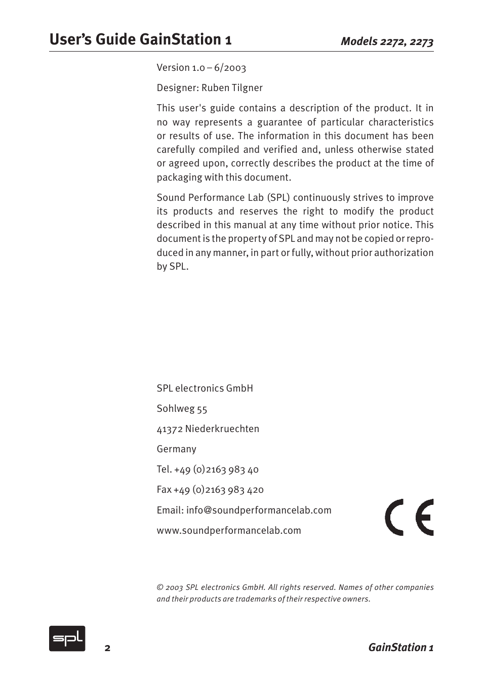 User’s guide gainstation 1 | Sound Performance Lab Gain Station 2272 User Manual | Page 2 / 34