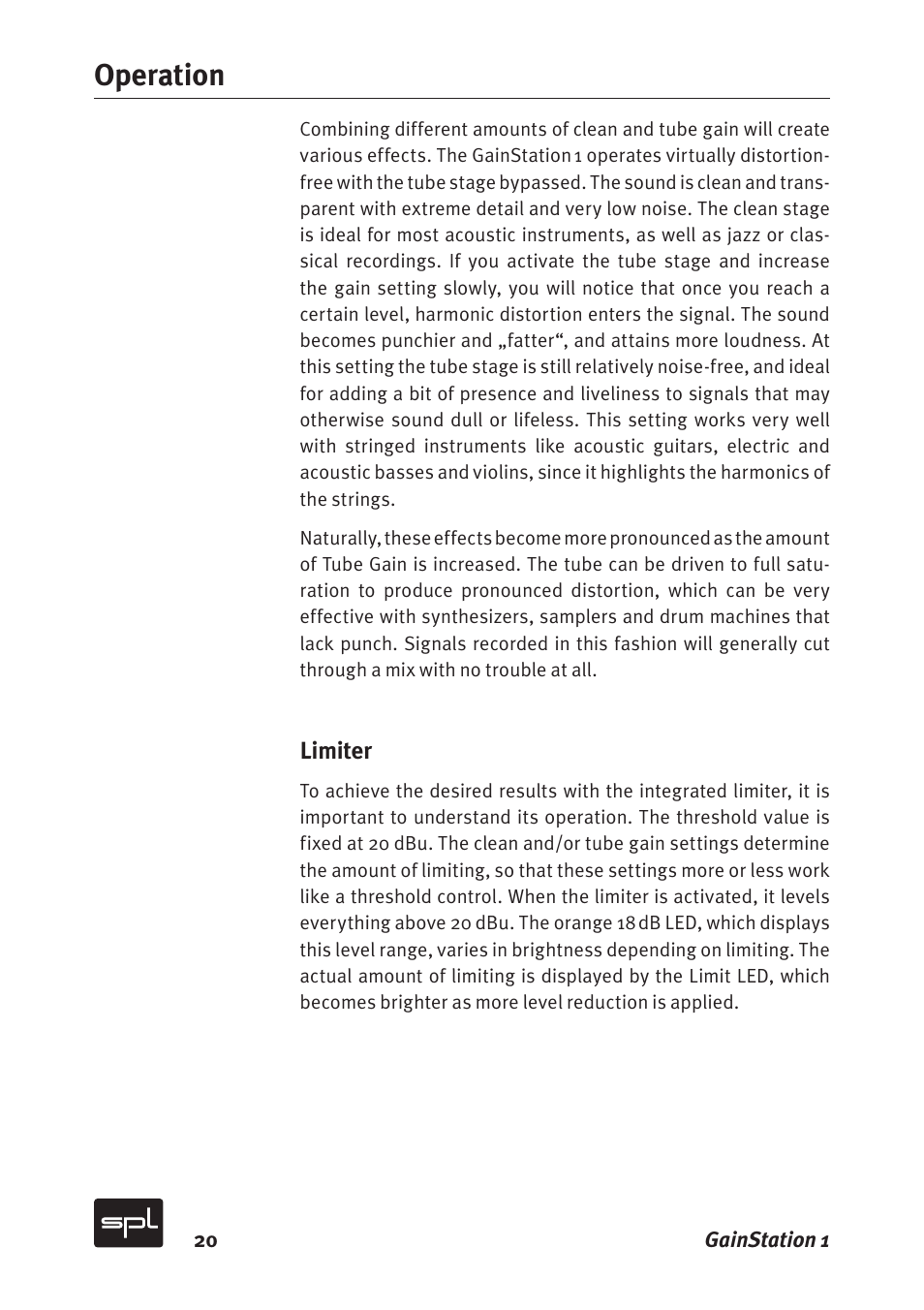 Operation | Sound Performance Lab Gain Station 2272 User Manual | Page 20 / 34