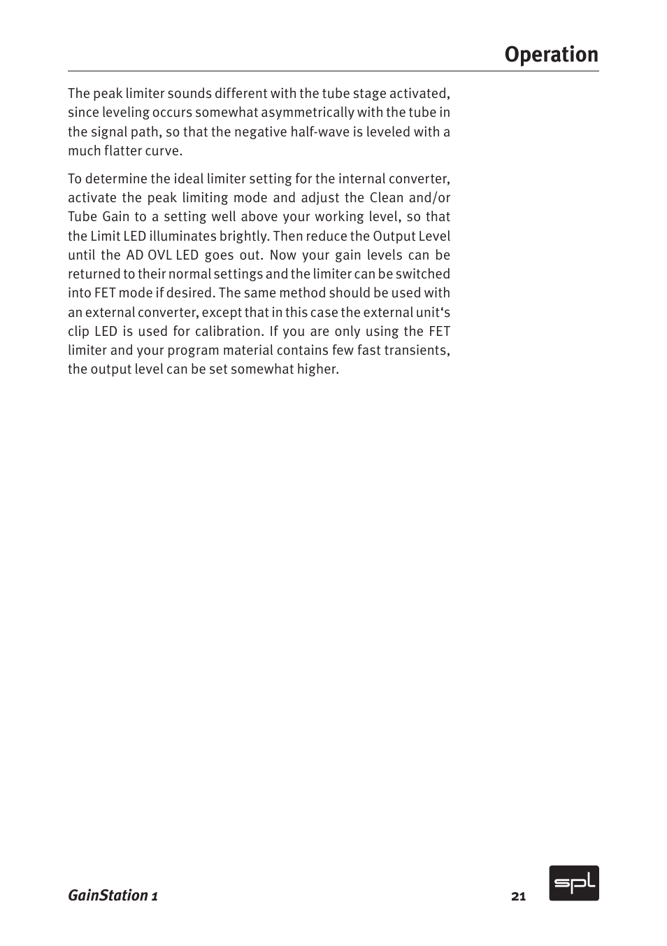 Operation | Sound Performance Lab Gain Station 2272 User Manual | Page 21 / 34