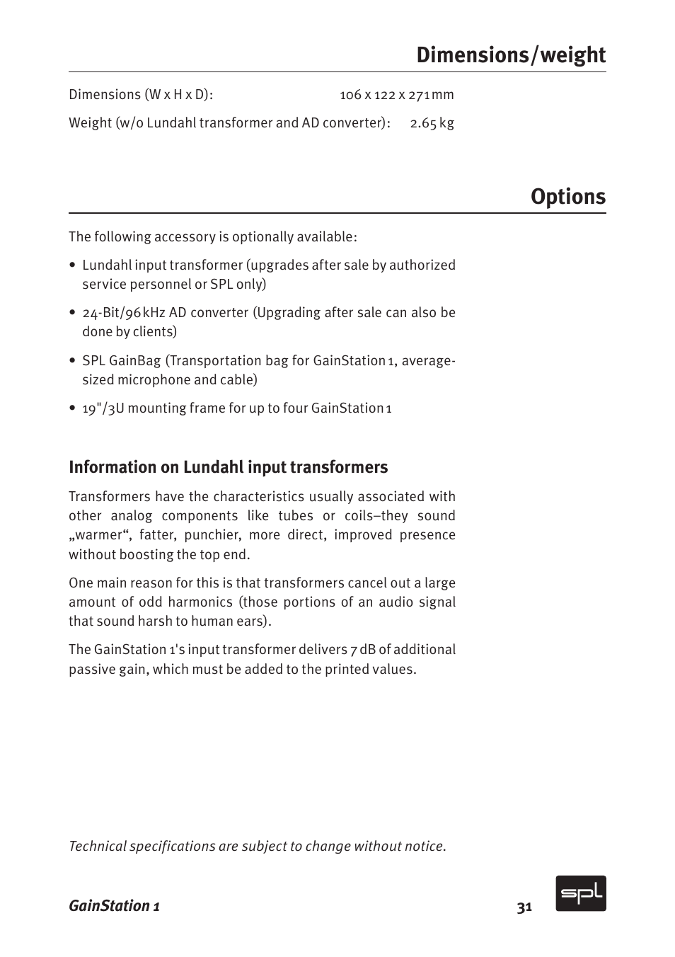 Dimensions/weight options | Sound Performance Lab Gain Station 2272 User Manual | Page 31 / 34