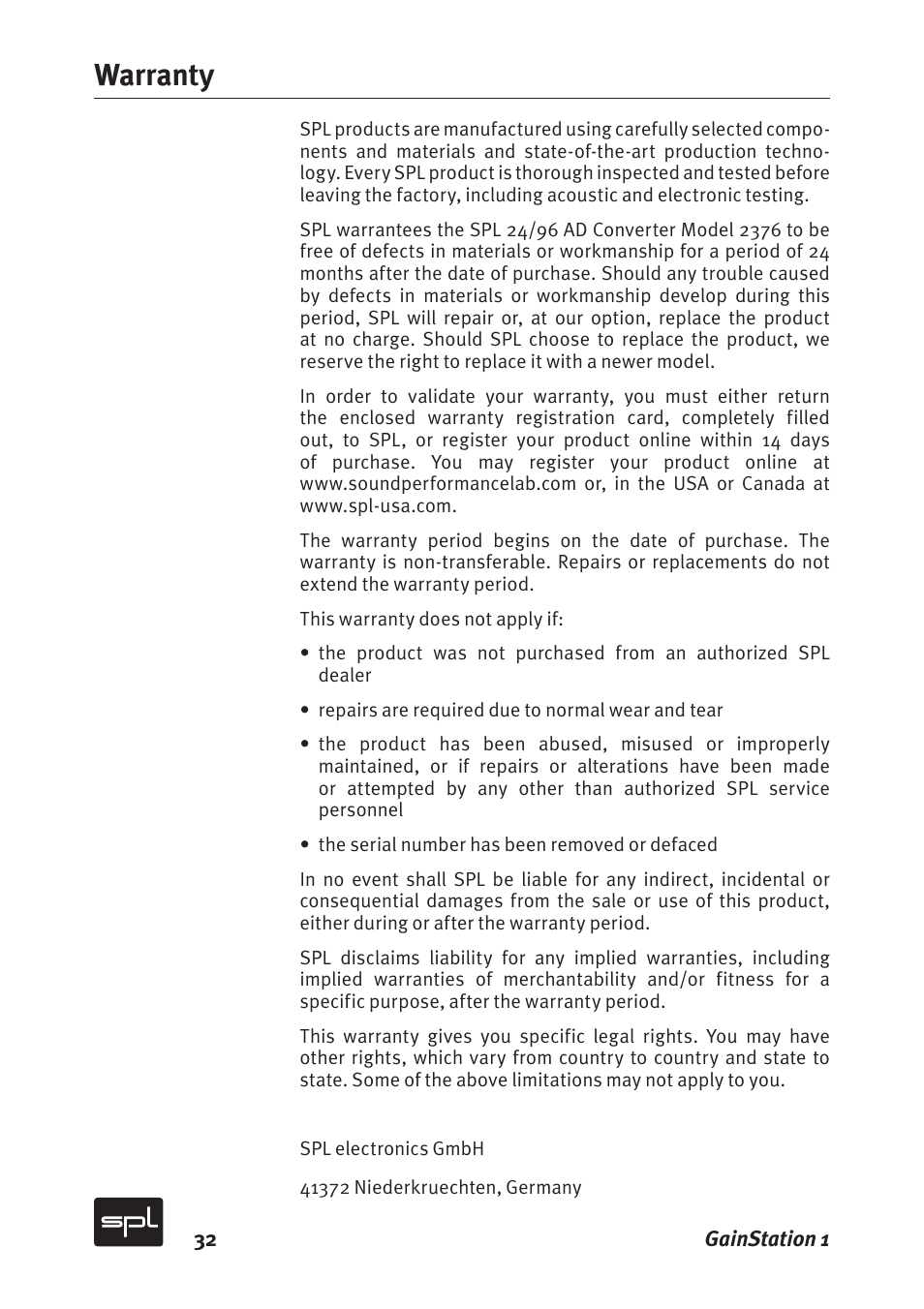 Warranty | Sound Performance Lab Gain Station 2272 User Manual | Page 32 / 34