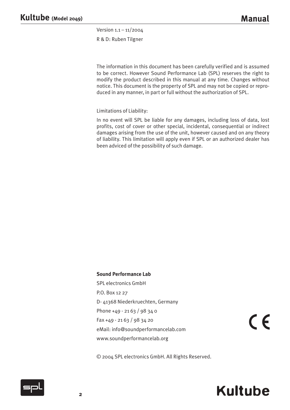 Kultube, Manual | Sound Performance Lab Kultube Model 2049 User Manual | Page 2 / 24