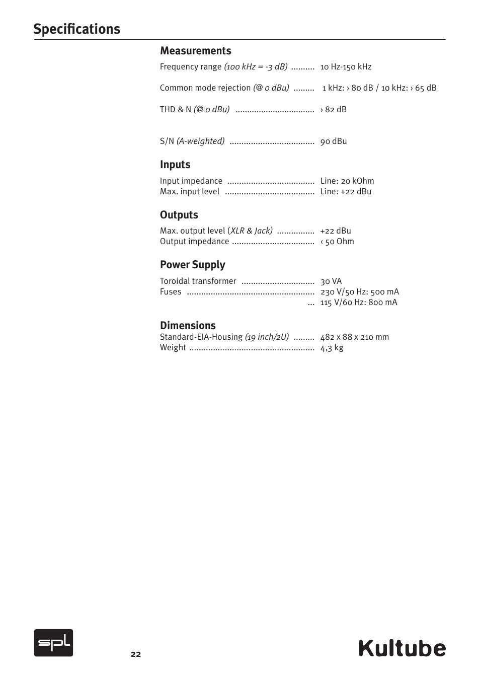 Speciﬁ cations | Sound Performance Lab Kultube Model 2049 User Manual | Page 22 / 24