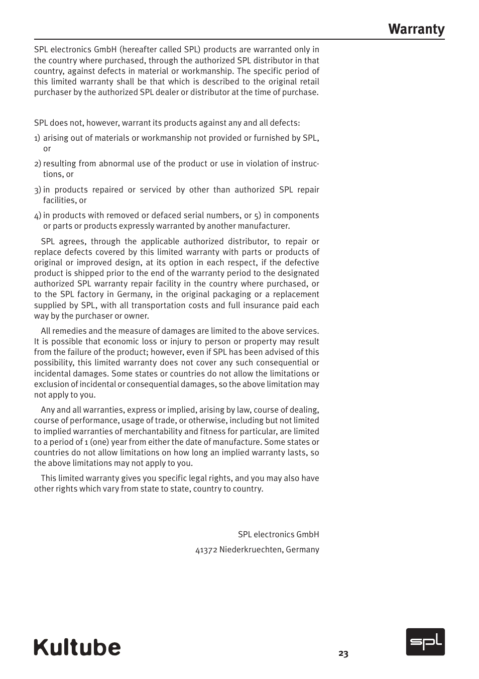 Warranty | Sound Performance Lab Kultube Model 2049 User Manual | Page 23 / 24