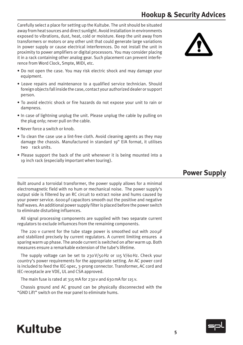 Hookup & security advices power supply | Sound Performance Lab Kultube Model 2049 User Manual | Page 5 / 24