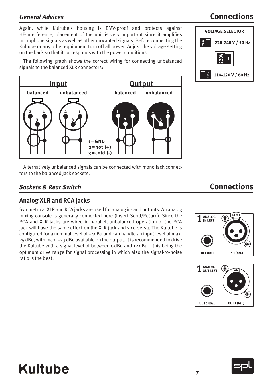 Connections, Input output, Analog xlr and rca jacks | General advices, Sockets & rear switch | Sound Performance Lab Kultube Model 2049 User Manual | Page 7 / 24