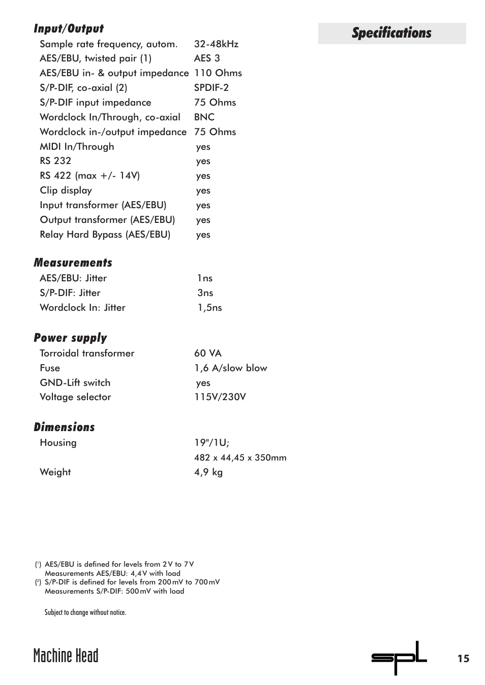 Machine head, Specifications, Input/output | Measurements, Power supply, Dimensions | Sound Performance Lab 9737 User Manual | Page 15 / 16