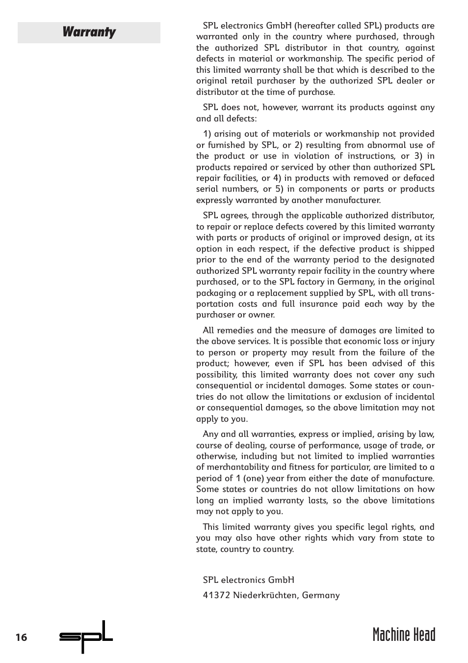 Machine head, Warranty | Sound Performance Lab 9737 User Manual | Page 16 / 16