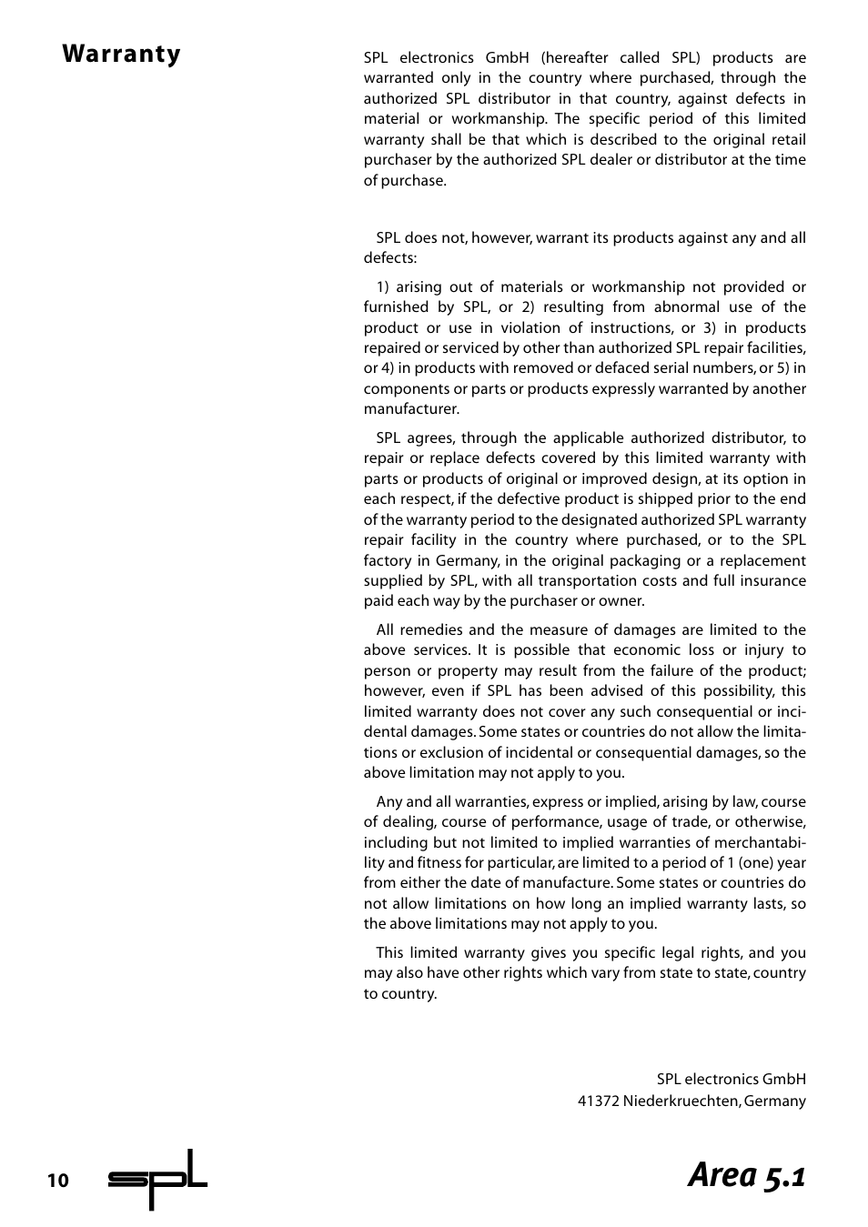 Area 5.1, Warranty | Sound Performance Lab Area 5.1 User Manual | Page 10 / 12