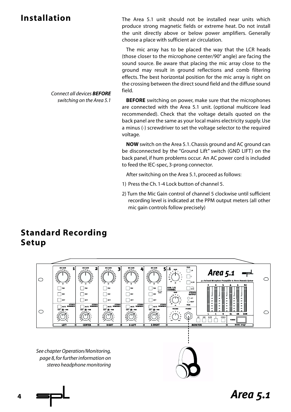 Area 5.1, Installation standard recording setup | Sound Performance Lab Area 5.1 User Manual | Page 4 / 12